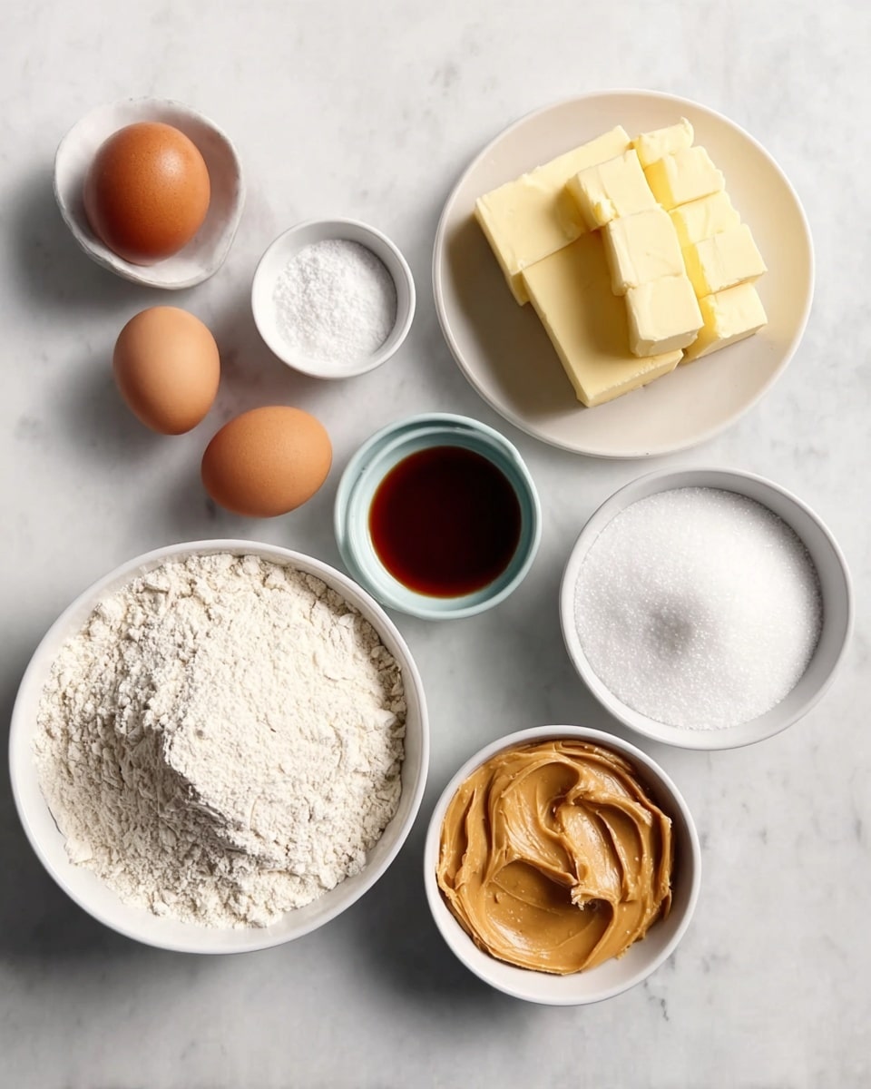 The image shows seven bowls and plates on a white marbled surface, each with different baking ingredients. In the lower left is a white bowl filled with white flour. Above it are two brown eggs in a white bowl. To the right of the eggs is a small white bowl holding a bit of baking powder or salt. In the center is a white plate with four large blocks of yellow butter, stacked together. To the right of the butter is a large white bowl filled with granulated white sugar. Below the sugar bowl is a small white bowl containing dark amber liquid, likely vanilla extract. In the bottom right corner is a small white bowl filled with light brown creamy peanut butter. The colors are natural, with the white bowls and plates contrasting with the ingredients. Photo taken with an iphone --ar 4:5 --v 7