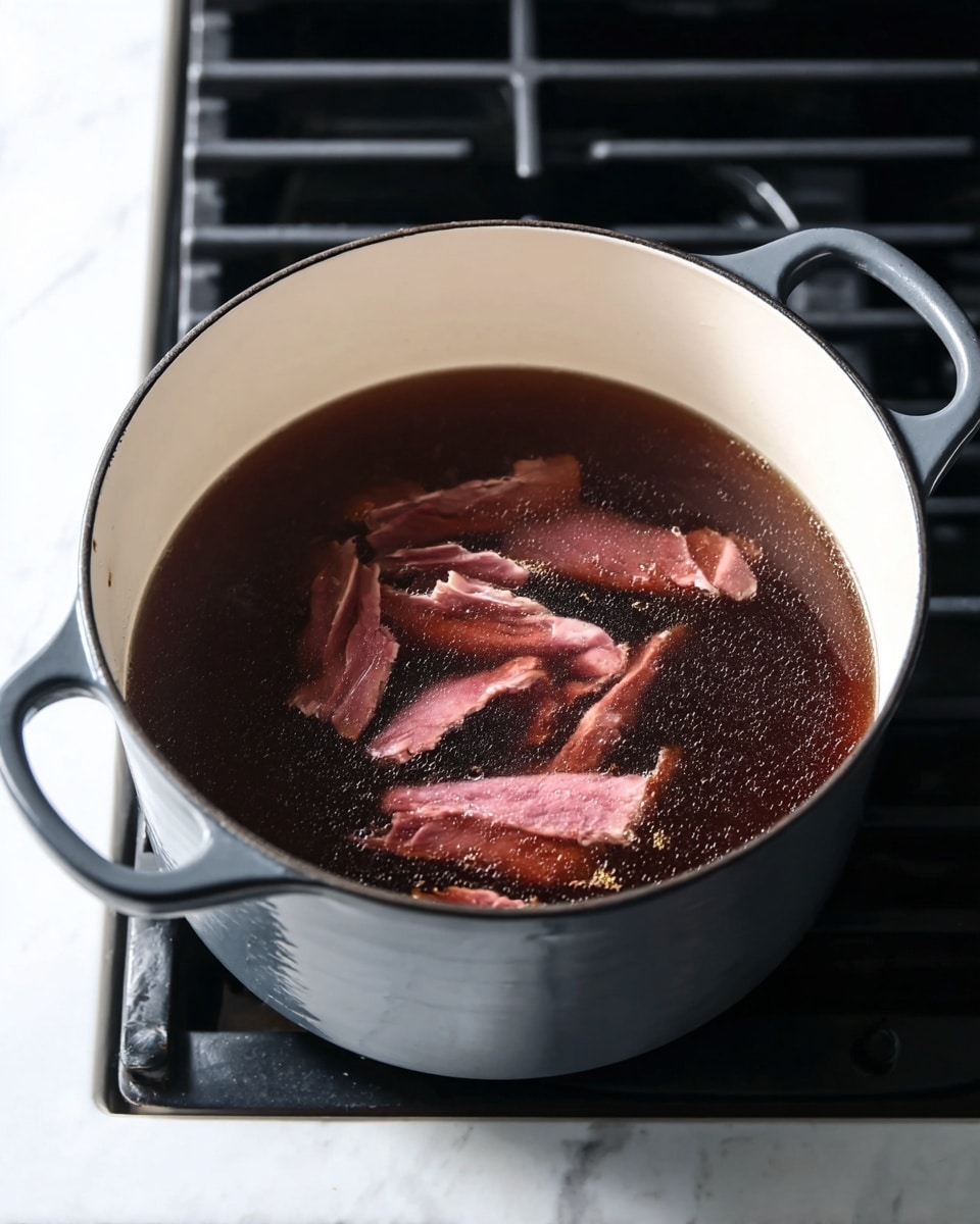 A large dark gray pot with white inside is shown sitting on a stove with black burner grates, filled halfway with dark brown liquid. Floating in the liquid are several thin slices of pinkish meat with slightly curled edges. The pot has two handles on the sides, and it sits on a white marbled surface with soft lighting showing light reflections on the liquid surface. photo taken with an iphone --ar 4:5 --v 7