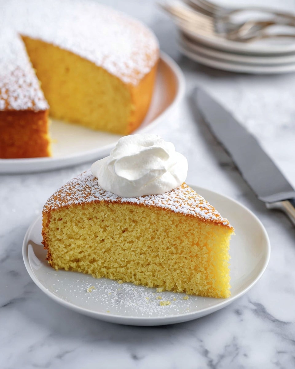 A single slice of yellow sponge cake with a soft crumbly texture sits on a white plate, dusted lightly with powdered sugar on top. On the slice, there is a dollop of smooth white whipped cream. Behind the slice, the remaining round cake is visible, showing the same yellow interior and powdered sugar topping. Next to the plate, a metal cake knife rests on a white marbled surface. In the blurry background, there are stacked white plates with silver forks placed on top. photo taken with an iphone --ar 4:5 --v 7