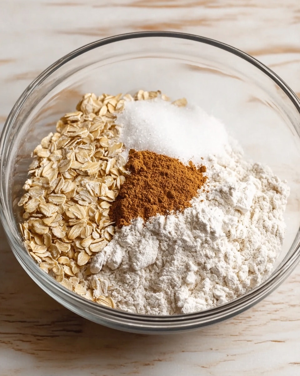 A clear glass bowl is set on a white marbled surface, containing four distinct layers of dry ingredients neatly placed side by side. In the bottom left, there is a layer of light beige rolled oats with a slightly rough texture. Next to it on the right is a mound of fine white granulated sugar that sparkles softly. Above the sugar is a pile of white flour with a powdery texture. Between the oats and sugar, a small patch of warm brown ground cinnamon sits prominently. The bowl’s round shape and transparency show the ingredients clearly inside. Photo taken with an iphone --ar 4:5 --v 7
