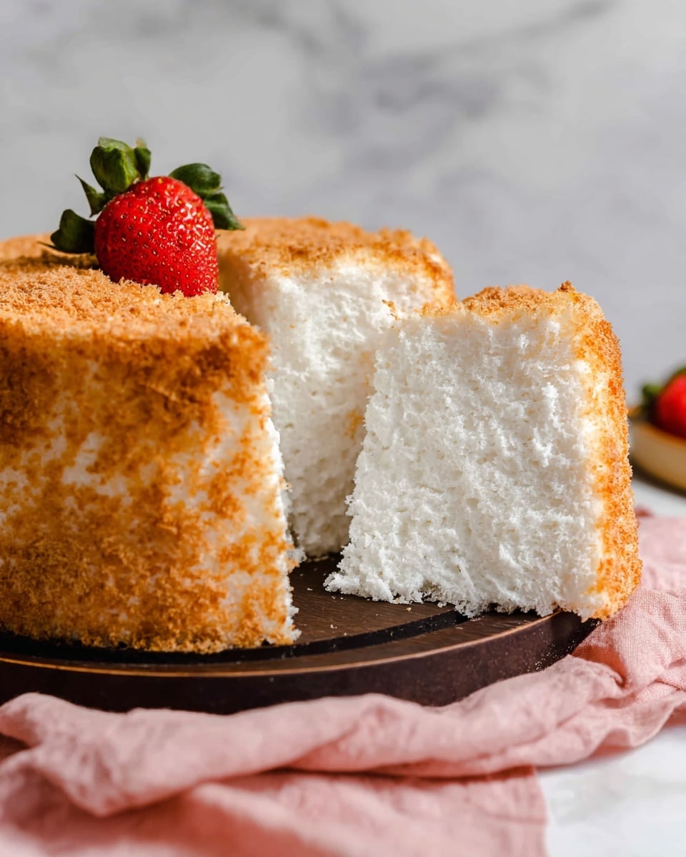 The image shows a round, tall angel food cake with a golden-brown outer layer and a soft, fluffy white inside. A thick slice is cut and placed slightly out from the cake, revealing the airy texture. On top of the slice, there is a fresh red strawberry with green leaves. The cake sits on a dark round board over a pink cloth, and the background is a white marbled texture. photo taken with an iphone --ar 4:5 --v 7
