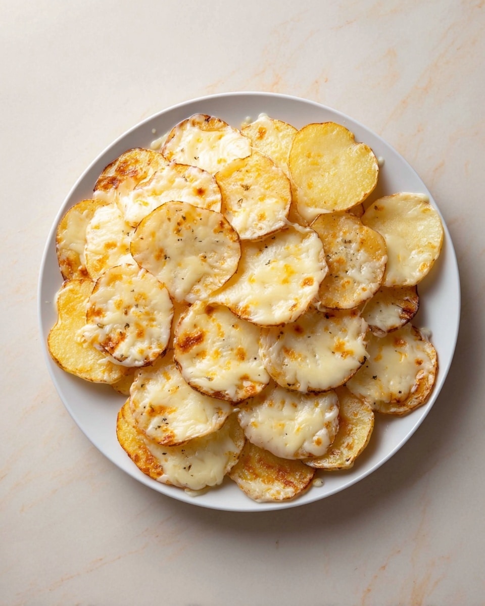 A white plate filled with two layers of round potato slices that are lightly cooked and slightly browned on the edges. The bottom layer is arranged in a circular pattern, slightly overlapping, with the second layer placed on top in a smaller circle. Both layers are covered with melted cheese that is a mix of creamy white and light yellow, evenly spread with some areas showing more cheese pooling. The plate rests on a white marbled surface. photo taken with an iphone --ar 4:5 --v 7