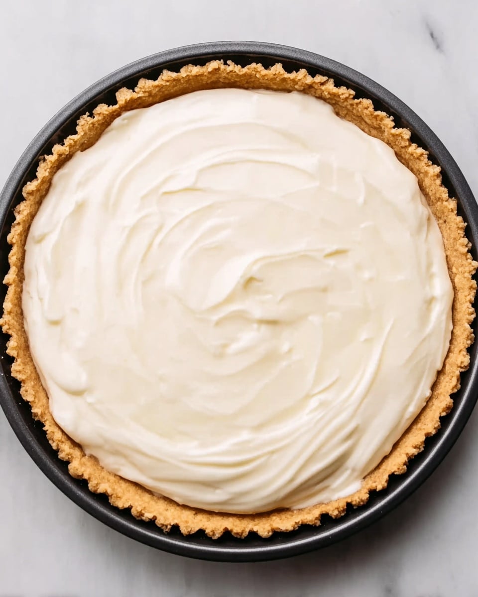 The image shows a single-layer tart with a golden, slightly crumbly crust forming a scalloped edge all around. The tart is filled with a smooth, creamy white layer spread thickly and evenly across the surface, with soft swirls visible on top. The tart sits in a black pan, contrasting with the white cream and the golden crust. The background is a white marbled texture. photo taken with an iphone --ar 4:5 --v 7