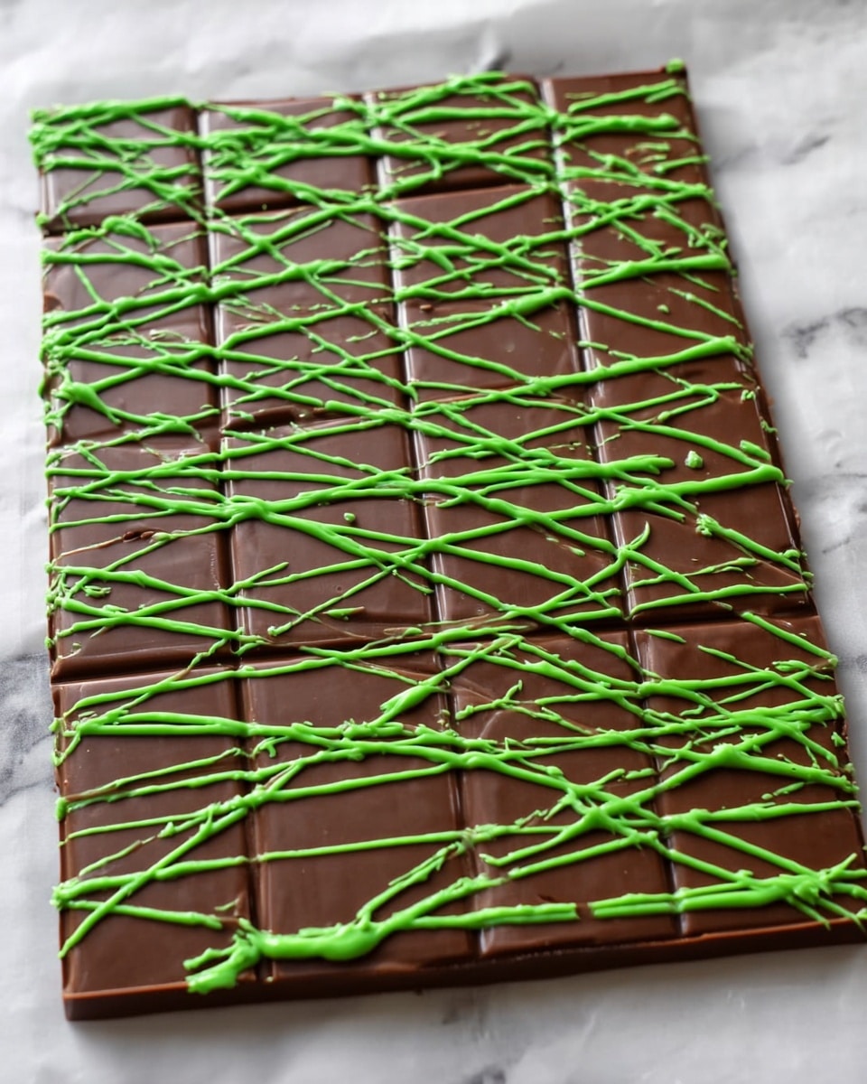 A flat rectangular chocolate bar with smooth, glossy dark brown chocolate on top is shown on a white marbled surface. The chocolate is divided evenly into square sections by shallow grooves. Bright green drizzle is spread over the whole bar in a thin, criss-cross pattern from one corner to the opposite side. The green drizzle appears slightly raised and shiny, creating a contrast in color and texture with the smooth chocolate underneath. photo taken with an iphone --ar 4:5 --v 7