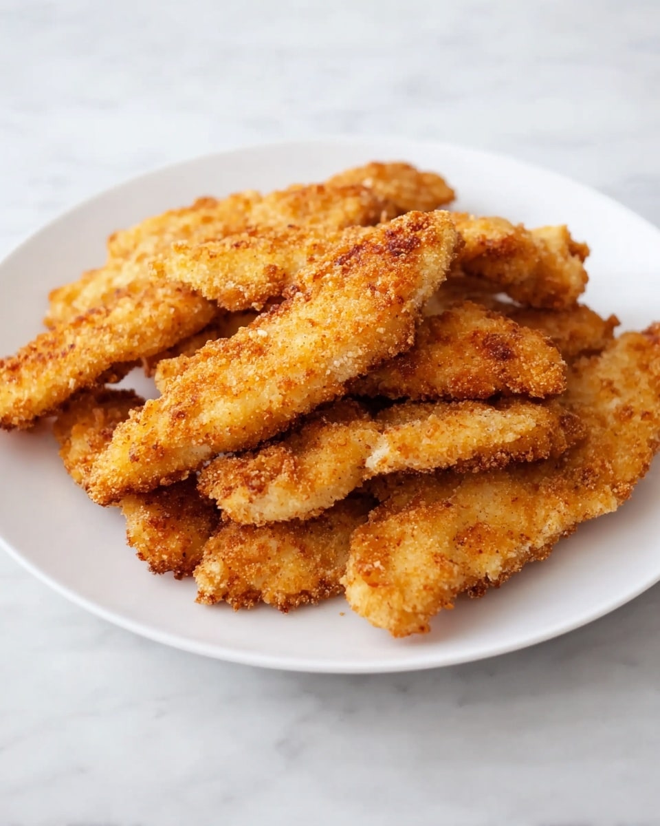 A white plate holds a pile of golden brown fried strips arranged in a loose stack, showing a crunchy, textured coating with small flecks of darker brown from frying. The strips vary slightly in size and shape, overlapping each other, creating a layered look with some edges crispier and darker. The plate sits on a white marbled surface that adds a subtle pattern in the background, highlighting the warm color of the fried strips. photo taken with an iphone --ar 4:5 --v 7