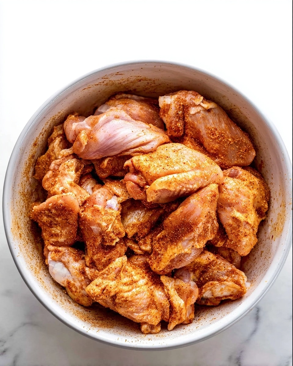 A white ceramic bowl filled with raw chicken pieces coated in a reddish-orange dry spice mix. The chicken pieces have a textured look with some visible skin and white fat spots, layered unevenly inside the bowl. The bowl is placed on a white marbled surface. photo taken with an iphone --ar 4:5 --v 7