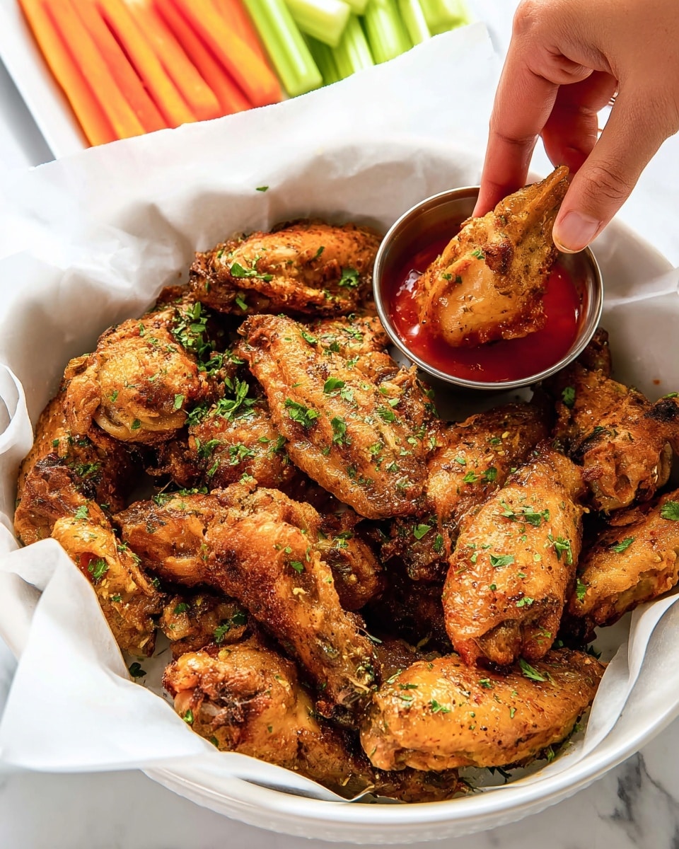 A white bowl lined with white paper holds a large pile of golden brown chicken wings seasoned with herbs and spices, sprinkled lightly with green parsley. In the bowl, near the center, is a small metal cup filled with bright red sauce. A woman's hand is picking up one of the wings and dipping it into the sauce. In the background, out of focus, there are bright orange carrot sticks and green celery sticks arranged horizontally on a white marbled surface. Photo taken with an iphone --ar 4:5 --v 7