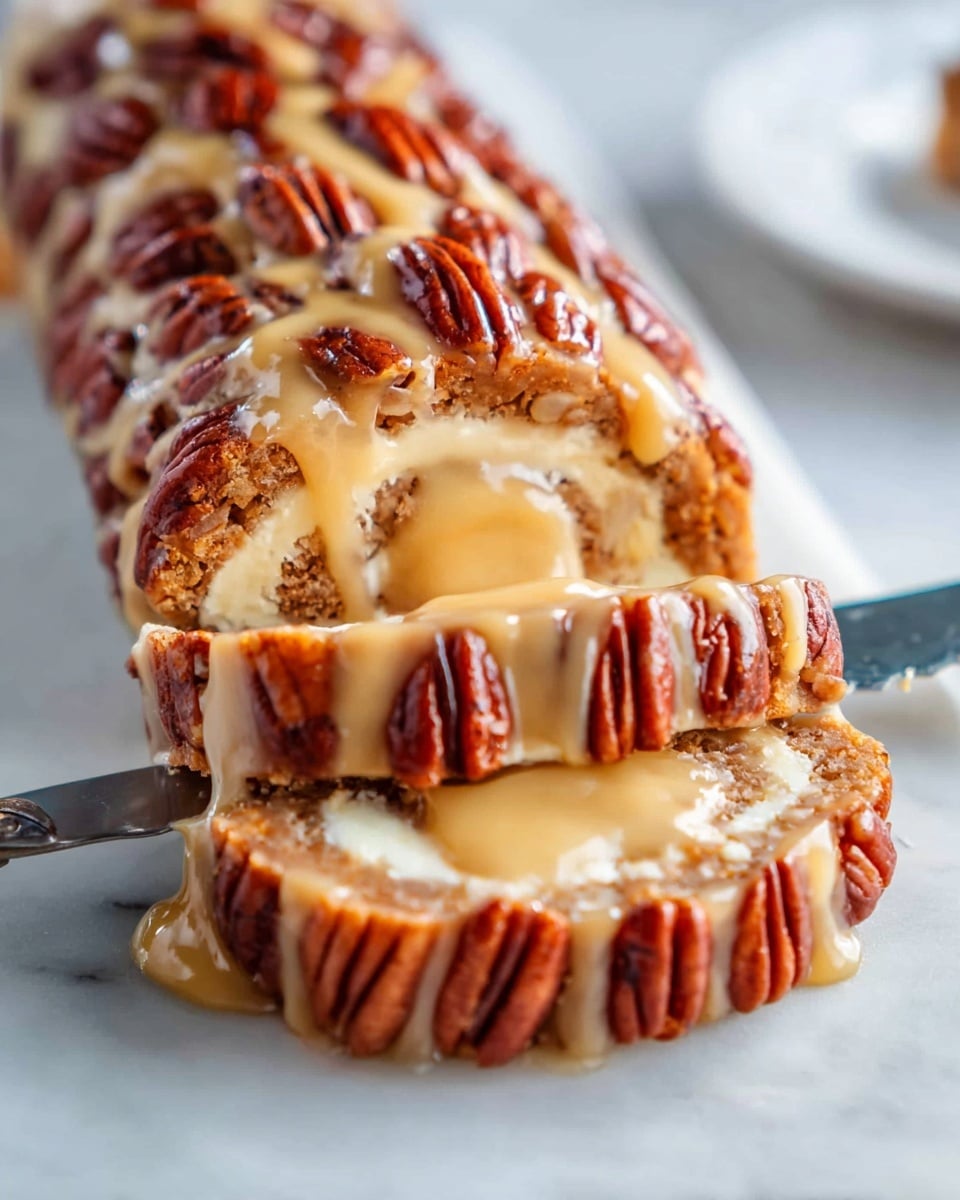 The image shows a close-up of a sliced dessert roll with three main layers. The outer layer consists of whole pecans arranged closely in a reddish-brown color with a smooth, glossy texture. Inside this, a thick, creamy caramel-like sauce in a light golden beige color is spread unevenly, dripping slightly between the nuts. The innermost layer is light brown, crumbly, and soft, visible as the roll is sliced with a silver serrated knife positioned horizontally cutting through the middle. The dessert lies on a white marbled surface with another white marbled plate blurred in the background. The whole scene is bright, focusing on the texture and colors of the roll and sauce. Photo taken with an iphone --ar 4:5 --v 7