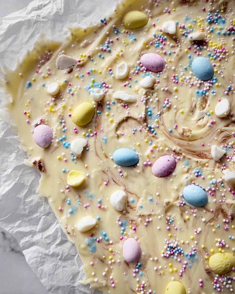 A sheet of white chocolate bark lays on crinkled parchment paper on a white marbled surface. The bark is smooth and creamy with gentle swirls of light brown, creating a slight marbled effect. Scattered all over the top are broken pastel-colored candy eggs in blue, pink, yellow, and white. Tiny round sprinkles in soft pink, white, yellow, and blue cover the surface, adding texture and color contrast. The edges appear uneven, giving a homemade look. The overall color palette is soft and bright with a festive, playful feel. Photo taken with an iphone --ar 4:5 --v 7