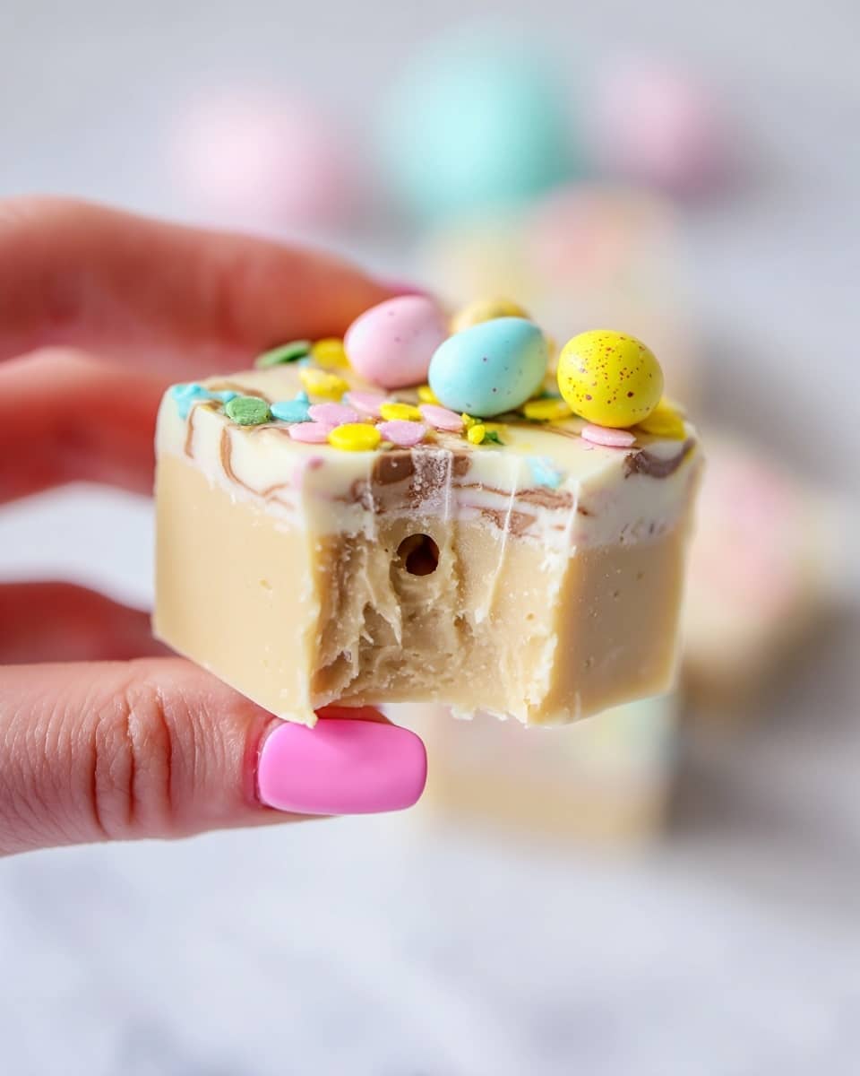 A woman's hand with pink nail polish holds a small square piece of fudge with a bite taken out of one corner, showing a creamy, light beige interior. The fudge has a layer of white and light brown swirls on top and is decorated with colorful small round sprinkles in pastel colors and small candy eggs in yellow and light pink. The background is soft and blurred with a white marbled surface below the fudge. photo taken with an iphone --ar 4:5 --v 7