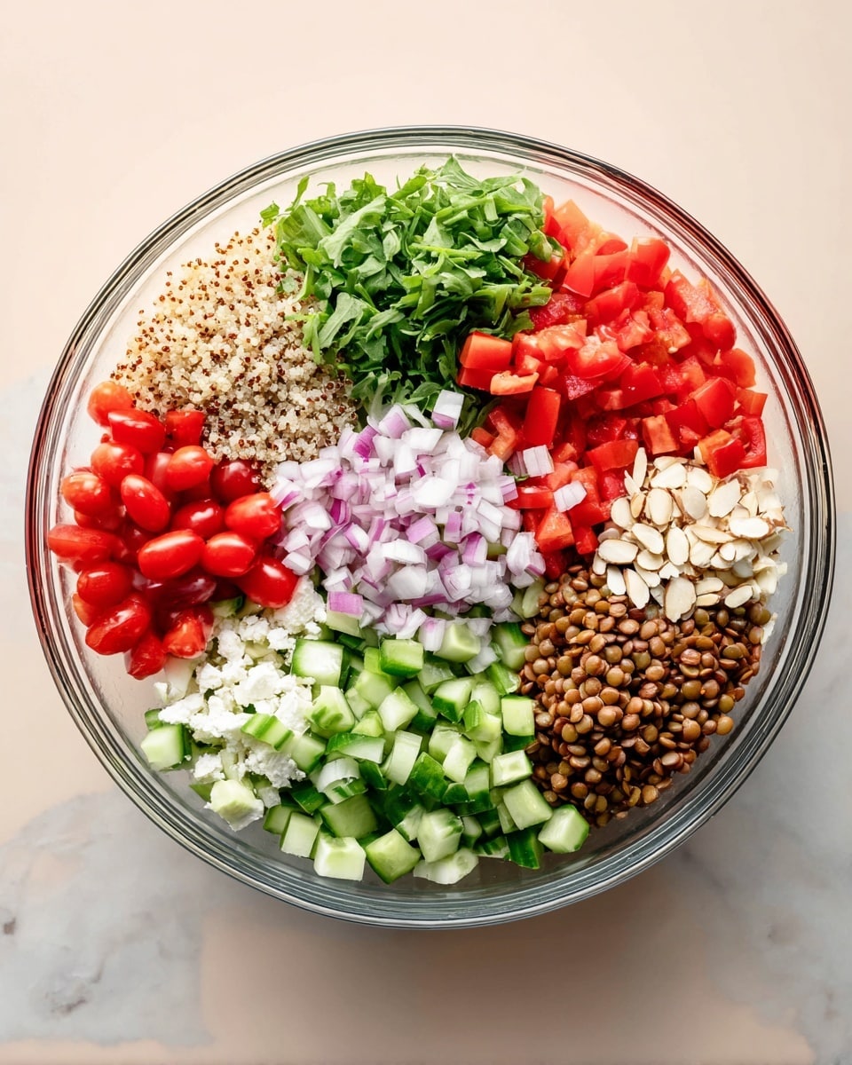 A clear glass bowl filled with eight separate layers of finely chopped ingredients arranged neatly in sections. Starting from the top left and moving clockwise: light-colored fluffy quinoa, bright red cherry tomatoes sliced in halves, fresh green bell pepper diced, small pieces of red onion, fresh green leafy arugula, light green cucumber cubes with dark green skin, brown lentils, and bright red chopped red bell peppers. In the center of the bowl are small pieces of white cheese and chopped almonds adding texture. The bowl sits on a white marbled surface. Photo taken with an iphone --ar 4:5 --v 7