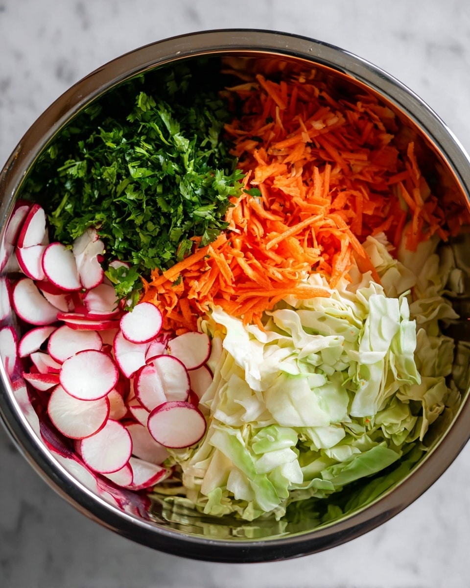 A round shiny metal bowl holds four separate piles of chopped vegetables. At the bottom right, there is a layer of pale green chopped cabbage with a soft, leafy texture. To the top right, a bright orange pile of thin, shredded carrots with a rough texture sits above the cabbage. At the top left, there is a darker green layer of finely chopped cilantro leaves that have a leafy and fresh appearance. At the bottom left, there is a layer of thinly sliced radishes with white centers and bright red edges, each piece slightly curved. The bowl is set on a white marbled surface. Photo taken with an iphone --ar 4:5 --v 7