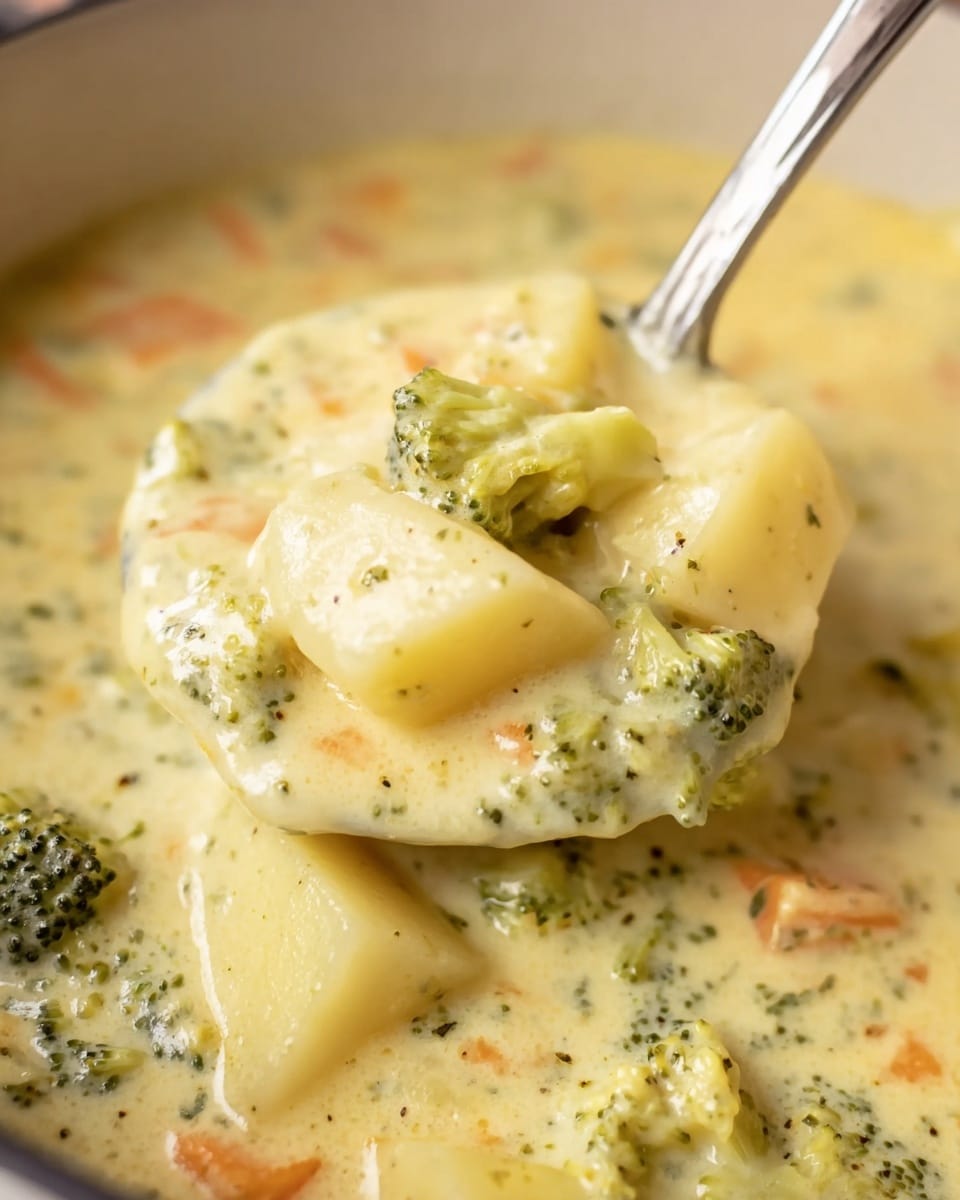 A close-up image of a thick creamy soup with visible chunks of pale yellow potatoes and small green broccoli pieces mixed throughout. The soup is light yellow with flecks of herbs and small bits of orange carrot spread evenly. A silver spoon is scooping some of the creamy soup, lifting up the chunky mixture, with a white marbled background softly blurred behind it. The texture looks smooth with soft vegetable pieces giving it some thickness. Photo taken with an iphone --ar 4:5 --v 7