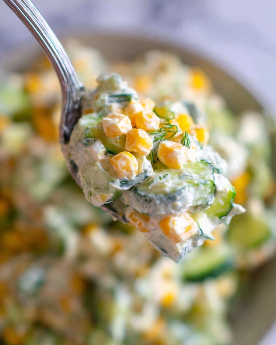 A close-up view of a scoop of creamy salad on a silver spoon, showing three main layers: small yellow corn kernels, light green thinly sliced cucumber pieces, and white creamy dressing mixed with small green herb leaves. The salad has a soft texture with visible fresh herb bits throughout. The background shows a blurred pile of the same mixed salad in a bowl, with a white marbled surface beneath. photo taken with an iphone --ar 4:5 --v 7