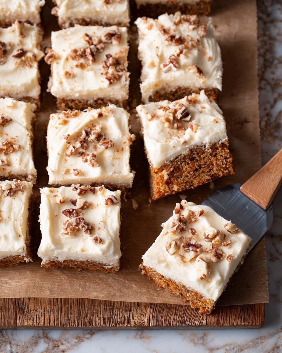 The image shows a batch of square carrot cake pieces arranged on brown parchment paper on a wooden surface. Each piece has two layers: a light brown cake bottom with a moist texture, and a thick, creamy white frosting layer on top, spread unevenly with swirled patterns. The frosting is sprinkled with small chopped nuts that are brown and textured, adding contrast and crunch. One piece is lifted on a spatula, showing the thickness of both layers clearly, while others remain cut but still placed next to each other. The background is changed to a white marbled texture. photo taken with an iphone --ar 4:5 --v 7