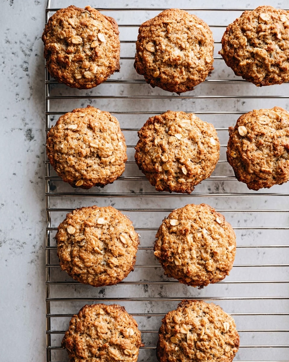 The image shows eight round oatmeal cookies with a rough texture and a light brown color, resting evenly spaced on a silver metal cooling rack. The cookies have small visible oats and slightly uneven surfaces, some with tiny darker brown spots from baking. The background is a white marbled texture, providing a clean and simple contrast to the warm tones of the cookies. Photo taken with an iphone --ar 4:5 --v 7