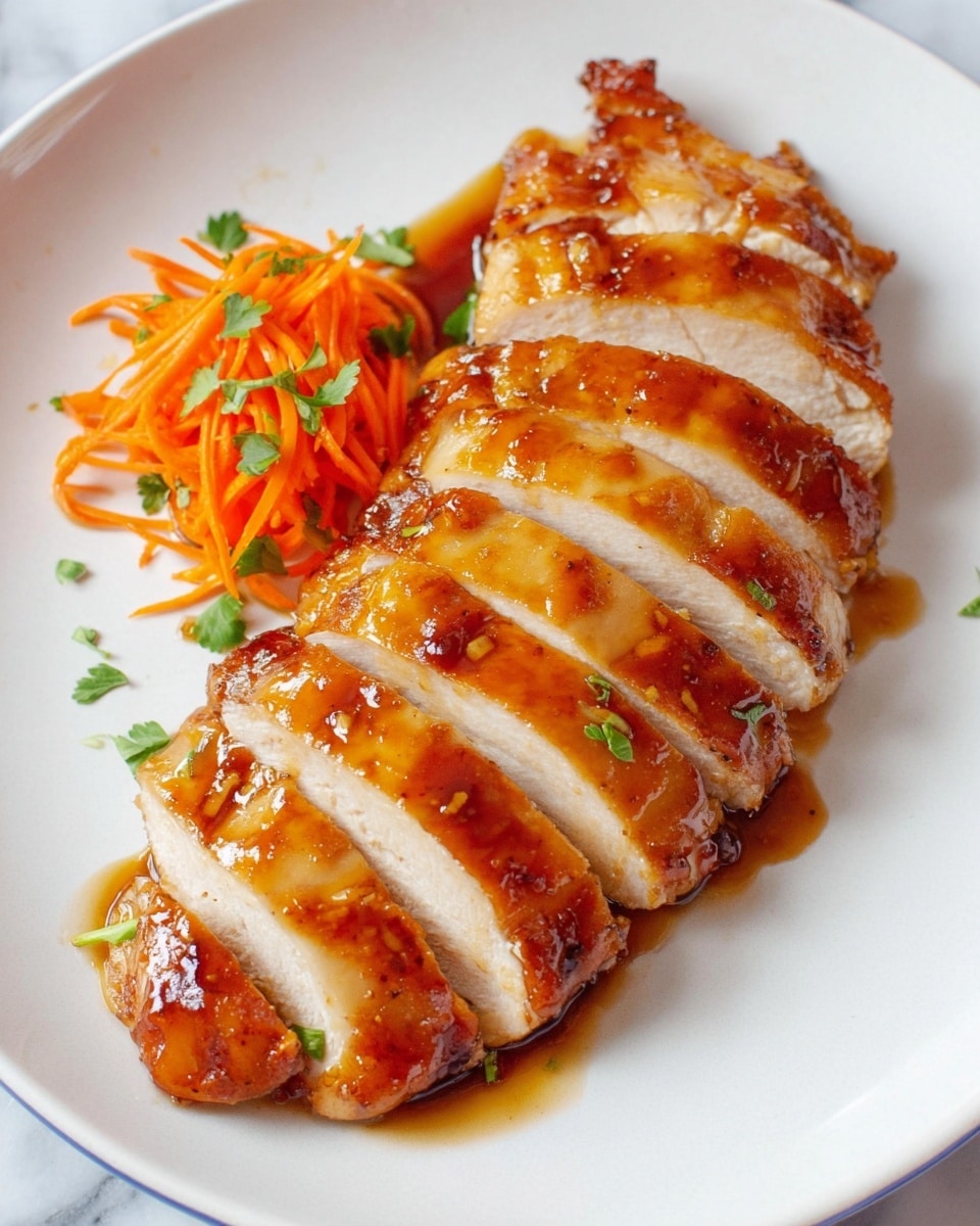 A white plate holds six thick slices of golden brown chicken arranged in a slight arc, each piece glazed with a shiny, sticky dark orange sauce. The chicken looks tender and juicy with a smooth texture on the inside and a caramelized surface on top. To the side of the chicken is a small pile of thin, bright orange carrot strips mixed with a few green herb leaves, adding a fresh contrast. A few scattered green herb leaves also dot the top of the chicken slices. The plate sits on a white marbled surface. photo taken with an iphone --ar 4:5 --v 7