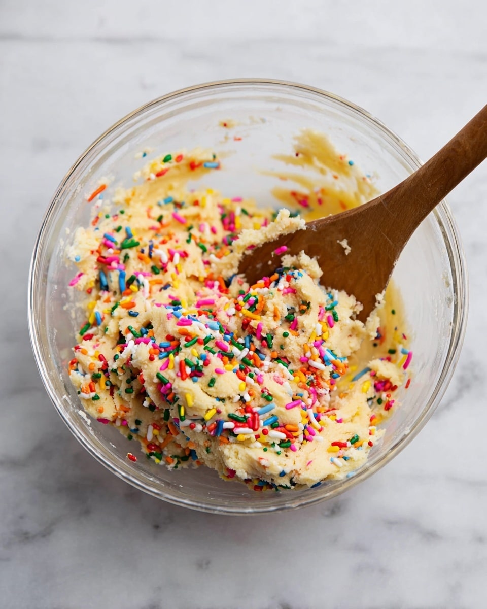 A clear glass bowl sits on a white marbled surface, filled with pale yellow dough mixed with bright, colorful sprinkles in red, green, pink, orange, white, and yellow scattered on top. A wooden spoon with a smooth texture rests inside the bowl, partially submerged in the dough. The overall scene shows the dough in the process of being mixed with the sprinkles. photo taken with an iphone --ar 4:5 --v 7