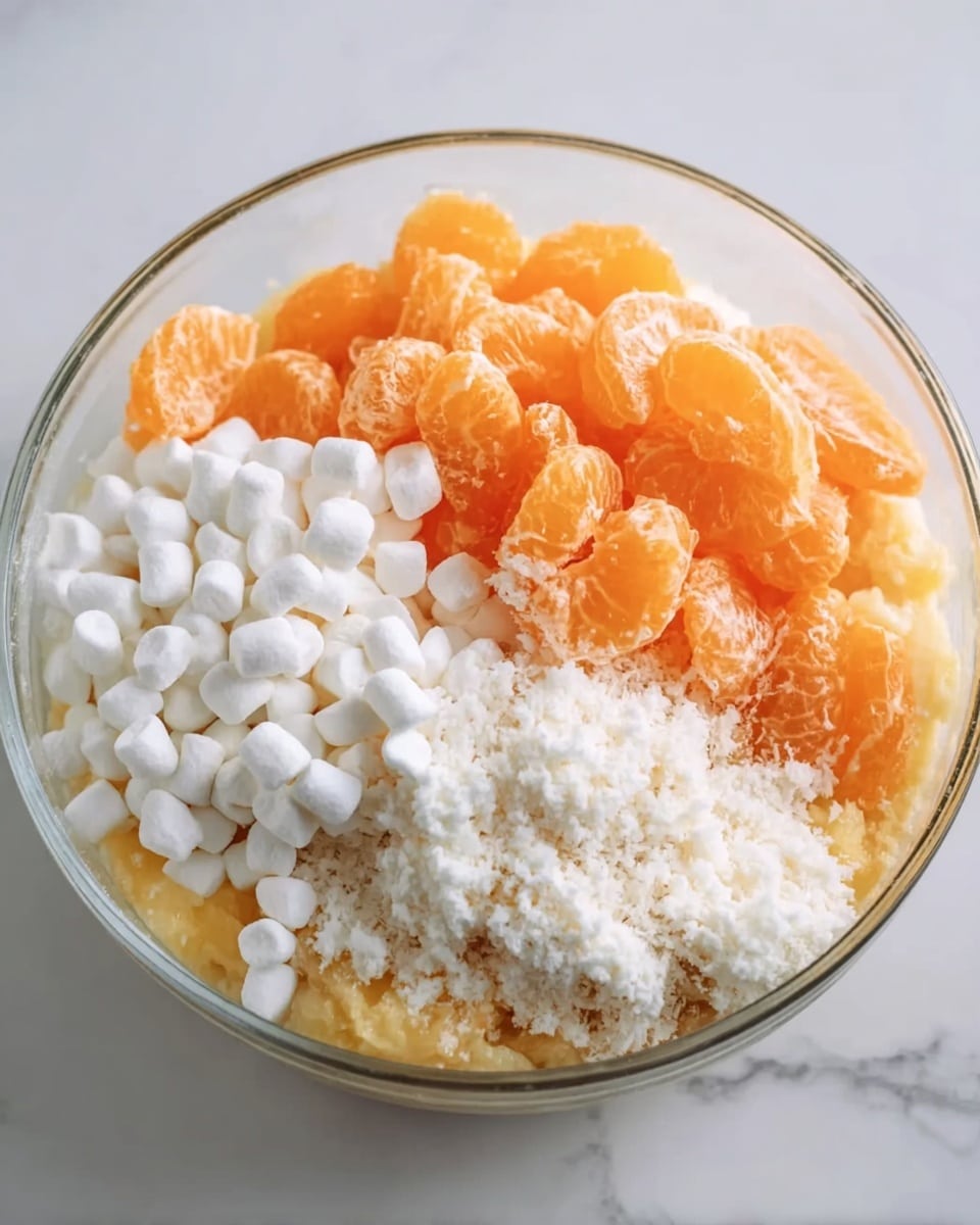A clear glass bowl on a white marbled surface holds three visible layers of ingredients: bright orange slices of canned mandarin oranges at the back, a pile of small white marshmallows to the right in the middle, and a thick layer of white shredded coconut spread mainly in the front and left side. The textures show soft, juicy fruit, fluffy marshmallows, and fine, dry coconut flakes. Photo taken with an iphone --ar 4:5 --v 7
