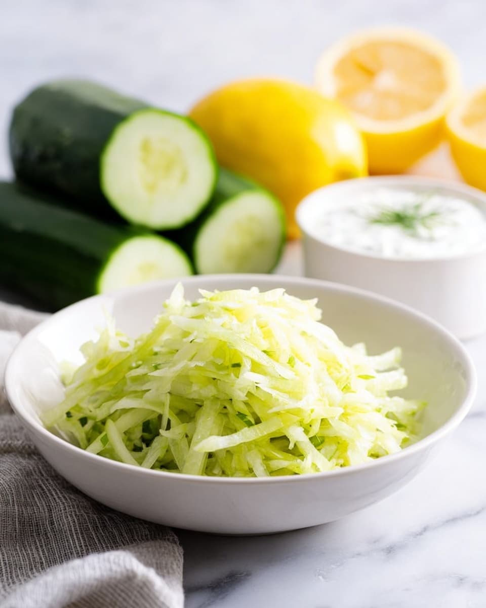 A white bowl filled with one layer of shredded light green cucumber with some darker green bits of skin mixed throughout, placed on a white marbled surface. In the background, there are two halves of whole cucumbers with a fresh, moist texture, a whole yellow lemon, a lemon half with a bright juicy inside, and a white bowl filled with white creamy sauce topped with a small green herb. A soft light blue and white cloth is draped casually next to the bowl. Photo taken with an iphone --ar 4:5 --v 7