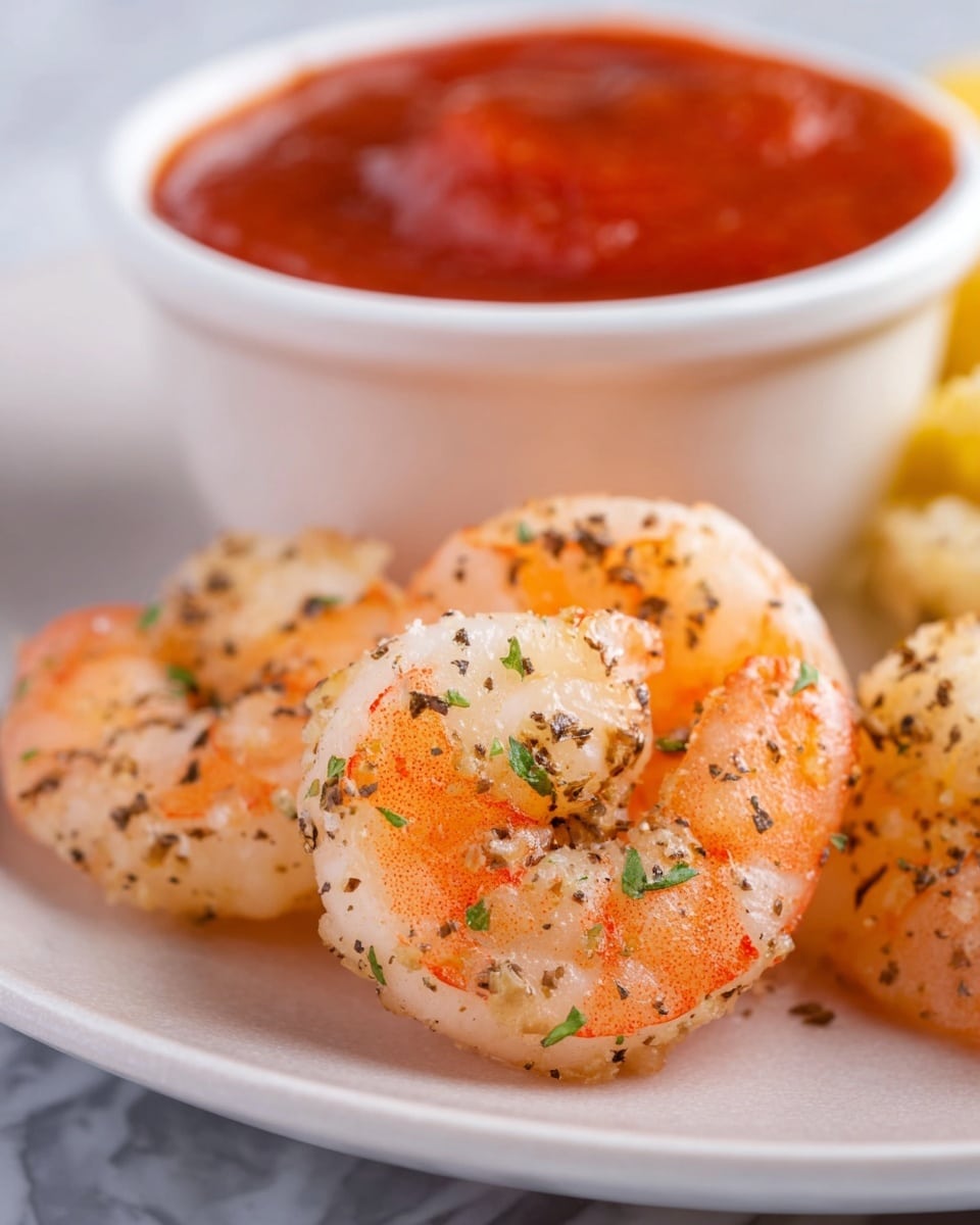 The image shows three cooked shrimp on a white plate with a white marbled texture beneath it. The shrimp are orange and white with a light seasoning of black pepper and small green herb flakes scattered on top, giving a slightly rough texture. Behind the shrimp, there is a white bowl filled with a thick, smooth red sauce, positioned close to the shrimp but slightly blurred in the background. The bowl has a light yellow rim adding a soft color contrast. photo taken with an iphone --ar 4:5 --v 7