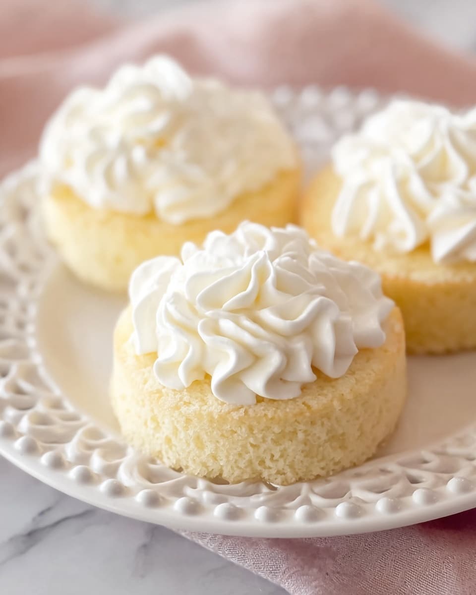 The image shows three small round sponge cakes on a white plate with a decorative edge. Each cake has a light yellow color and a fluffy texture. On top of each cake, there is a layer of white whipped cream piped in soft, curvy swirls covering the surface evenly. The plate is placed on a surface with a white marbled texture and a light pink cloth visible below. The cakes are close to each other, with one cake in the foreground in sharp focus and two blurred in the background. photo taken with an iphone --ar 4:5 --v 7