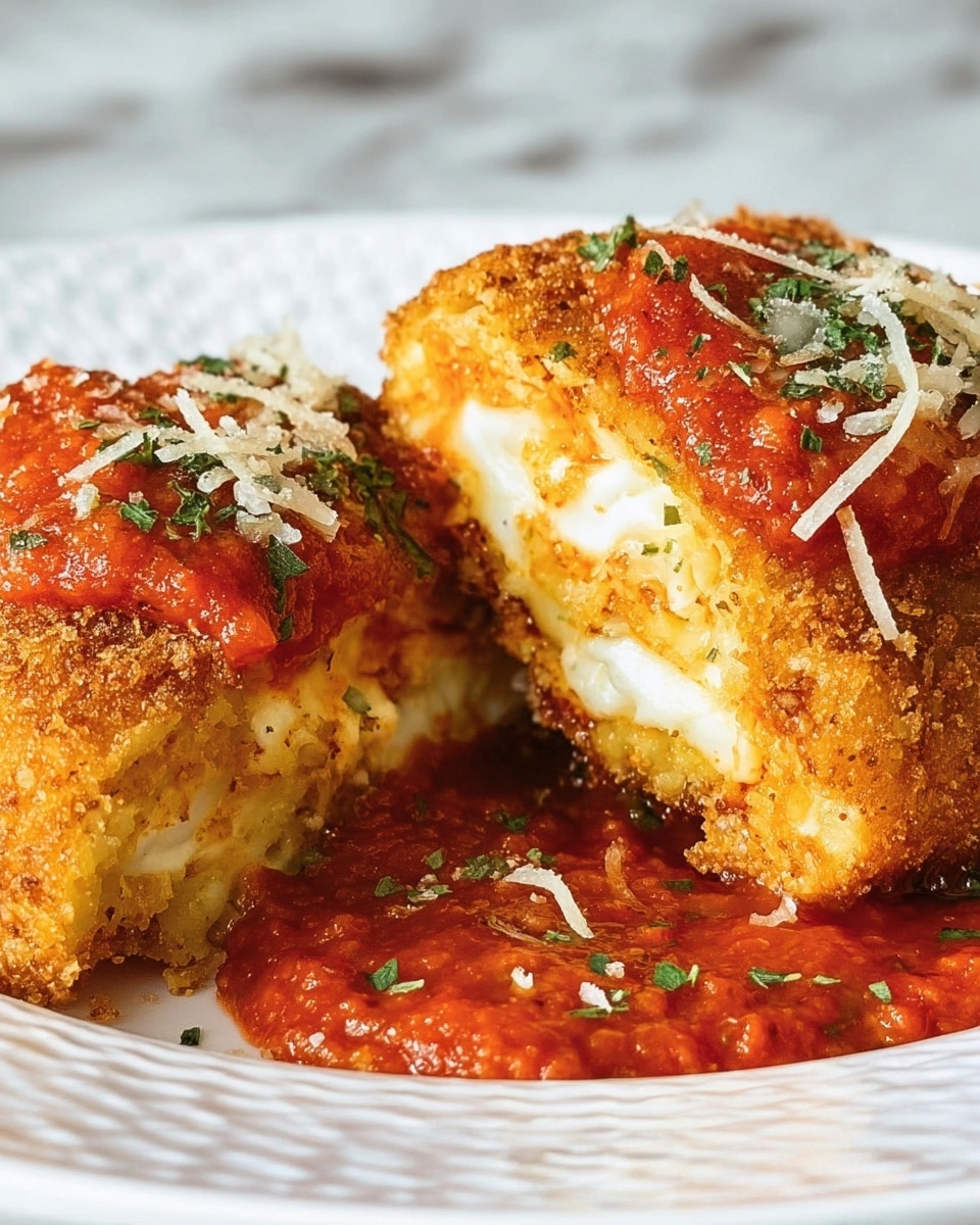 The image shows two pieces of a golden brown breaded dish with a crispy texture on the outside. The dish is cut in half to reveal layers inside: a soft white creamy cheese layer, a thin pasta or dough layer, and another creamy layer. On top of the pieces is a bright red tomato sauce with a chunky texture, sprinkled with small bits of green herbs and some shredded white cheese. The dish is served on a white plate with a textured pattern, placed on a white marbled surface. Photo taken with an iphone --ar 4:5 --v 7