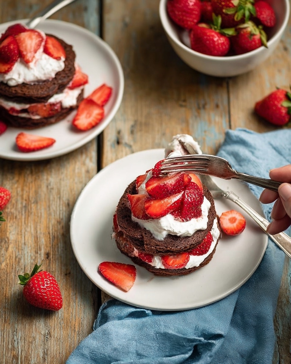 The image shows two stacks of chocolate pancakes on white plates, each layered three times. The dark brown pancakes are separated by thick white cream and bright red sliced strawberries, with more cream and whole strawberries on top. One stack is centered with a silver fork placed on the plate, and a woman's hand holding a silver fork is about to eat the other stack at the top left. A white bowl filled with whole fresh strawberries is at the top, and there are extra strawberry halves scattered on the wooden table, which has a natural, worn look. A blue cloth napkin is beside the plate in front. photo taken with an iphone --ar 4:5 --v 7