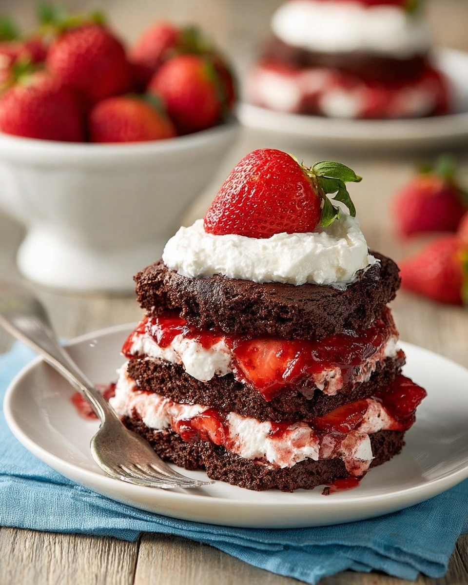 The image shows a small cake made of two thick, dark brown chocolate layers stacked on a white plate. Between the layers, there is a thick spread of bright red strawberry sauce and white whipped cream mixed with small pieces of strawberries. On top, more whipped cream and strawberry sauce form a fluffy layer, and a single fresh red strawberry with a green leaf sits at the highest point. In the background, a bowl full of fresh strawberries sits on a wooden surface covered with a blue cloth. The whole scene is set against a white marbled textured surface, with some sliced strawberries scattered around. photo taken with an iphone --ar 4:5 --v 7
