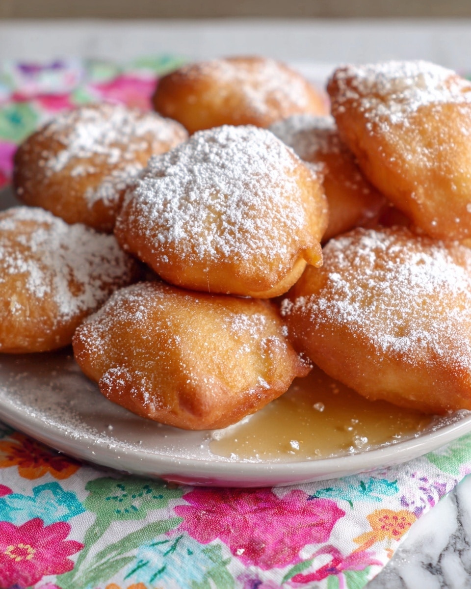 The image shows several golden brown fried dough pieces placed closely together on a round white plate. Each dough piece has a slightly irregular round shape with a soft, puffy texture that looks crispy on the outside. They are dusted lightly with white powdered sugar, which covers the tops unevenly. There is a small amount of shiny golden syrup drizzled over and around the dough pieces, adding a sticky glossy texture in spots. The plate sits on a colorful floral cloth with a white marbled surface partially visible. The photo taken with an iphone --ar 4:5 --v 7