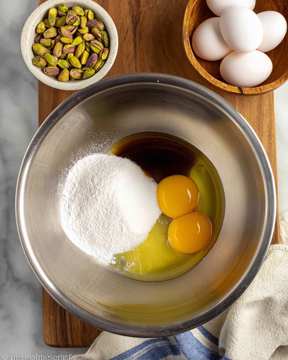 In a shiny metal mixing bowl, there are three parts: on the left side is a pile of white sugar, on the right side are three raw egg yolks which are a bright yellow-orange color, and near the yolks is a small dark brown liquid portion of vanilla extract. Around the metal bowl, there is a wooden surface with a small white bowl on the upper left filled with green pistachio nuts, a wooden bowl on the lower right holding several whole white eggs, and two cloths underneath the bowls—one striped blue and white and the other light gray. The scene is set on a white marbled surface photo taken with an iphone --ar 4:5 --v 7