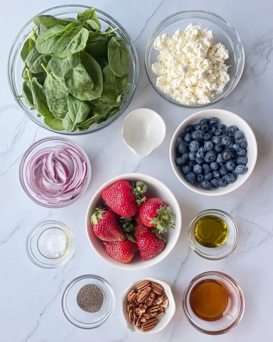 A photo shows several small white bowls and clear glass bowls arranged on a white marbled surface. The largest clear glass bowl at the top left is filled with fresh green spinach leaves. To the right, a white bowl holds crumbly white cheese. Below that, another white bowl contains blueberries, and next to it, a white bowl is filled with whole red strawberries with green tops. On the left side, a small white bowl has sliced red onions, and next to it, a clear glass bowl is filled with pecans. Below these are three small clear glass bowls containing olive oil, balsamic vinegar, and honey, respectively. At the bottom left, a small white bowl holds salt and black pepper. Everything is bright and neatly arranged as ingredients for a fresh salad. photo taken with an iphone --ar 4:5 --v 7