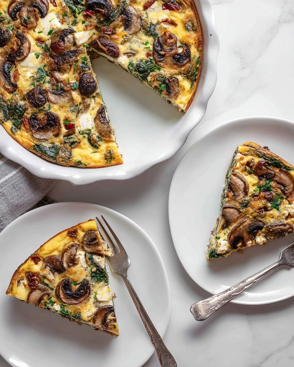The image shows a white pie dish filled with a golden-brown frittata layered with large pieces of dark brown mushrooms, bright green spinach, chunks of white cheese, and small red bits, all mixed in a creamy yellow egg base. Next to it are two white plates each holding a slice of the frittata, displaying the same layers and colors with mushrooms on top and specks of green herbs, one plate featuring a silver fork. The scene is set on a white marbled surface. photo taken with an iphone --ar 4:5 --v 7