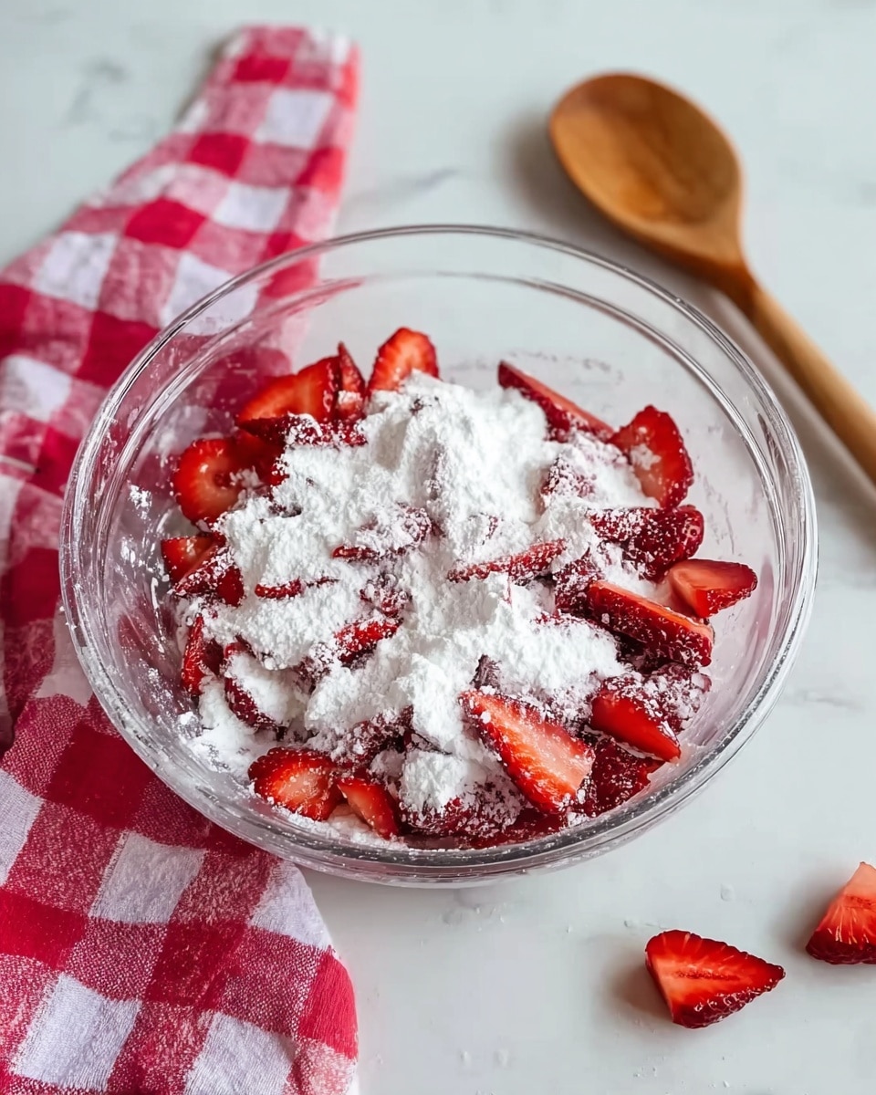 A clear glass bowl sits on a white marbled surface with a red and white checkered cloth beside it and a wooden spoon to the right. Inside the bowl, there are several bright red, sliced strawberries forming the bottom layer. These sliced strawberries are covered unevenly with a dusting of white powdered sugar, giving a soft, powdery texture on top. A few extra strawberry pieces lie scattered near the bowl on the surface. photo taken with an iphone --ar 4:5 --v 7