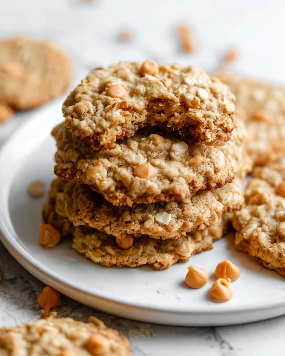 A close-up of a stack of oatmeal cookies with small butterscotch chips scattered throughout. The cookies are thick and textured with visible oats, each one slightly golden brown around the edges. The top cookie has a bite taken out, revealing a soft and chewy inside with the same oat and chip mixture. The cookies are on a white plate with more butterscotch chips scattered around it. The background shows a white marbled surface with soft lighting. Photo taken with an iphone --ar 4:5 --v 7