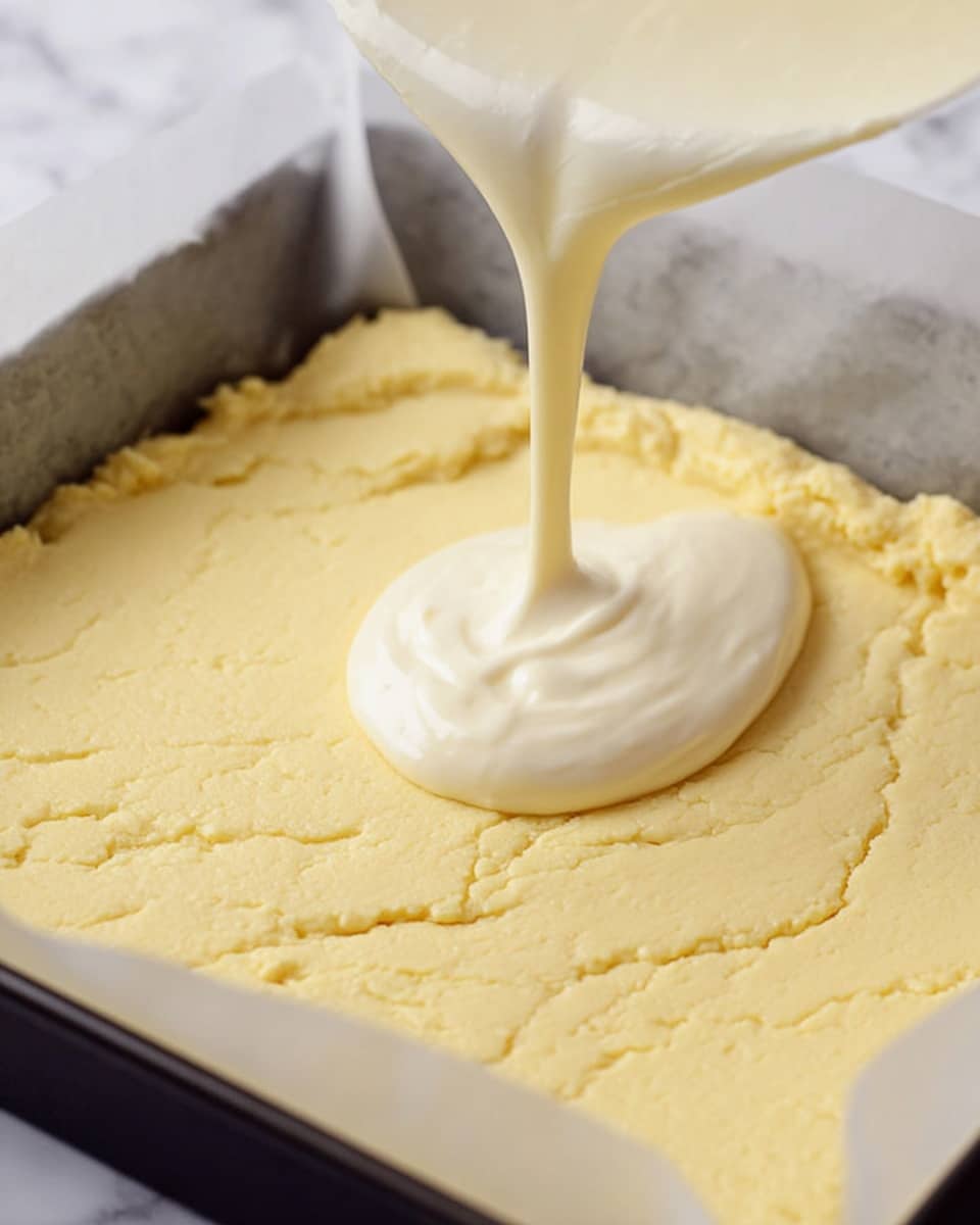The image shows a close-up of a baking tray lined with parchment paper, filled with a thick, smooth, pale yellow dough layer pressed flat and even. On top of this layer, a creamy white liquid with a glossy texture is being poured in a small pool at the center from above. The thick dough layer has a slightly crumbly texture with some small cracks visible, while the white creamy layer looks soft and velvety as it flows gently onto the dough base. The surface beneath the tray is a white marbled texture. photo taken with an iphone --ar 4:5 --v 7