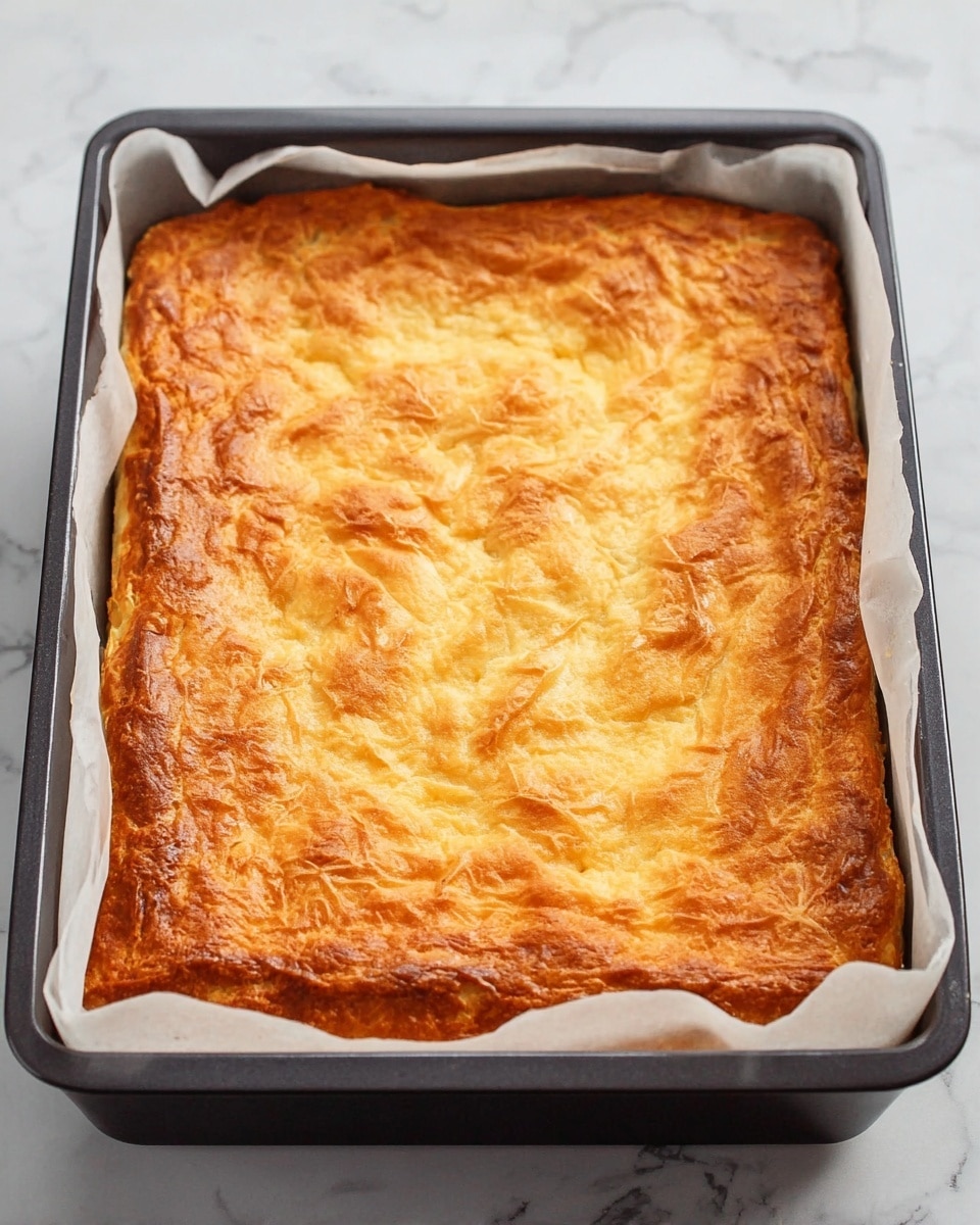 The image shows a rectangular baked dish in a black baking pan lined with white parchment paper. The top layer is a single crust of golden brown, slightly uneven pastry with a crispy and flaky texture. The edges of the crust are a bit darker and crisper, curling slightly upward within the pan. The background surface has a white marbled texture. photo taken with an iphone --ar 4:5 --v 7