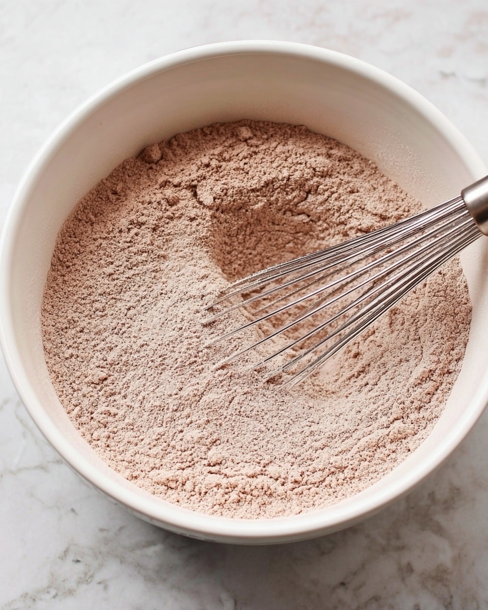 A large white bowl filled with a light brown powdery mixture being stirred by a metal whisk. The powder looks soft and finely ground, almost like cocoa mixed into flour. The whisk is partially buried in the mixture, with its handle extending outwards to the right side of the bowl. The bowl is placed on a surface with a white marbled texture, showing some faint gray veins. There are no other items in the frame, focusing fully on the bowl and the powdery mix inside. photo taken with an iphone --ar 4:5 --v 7