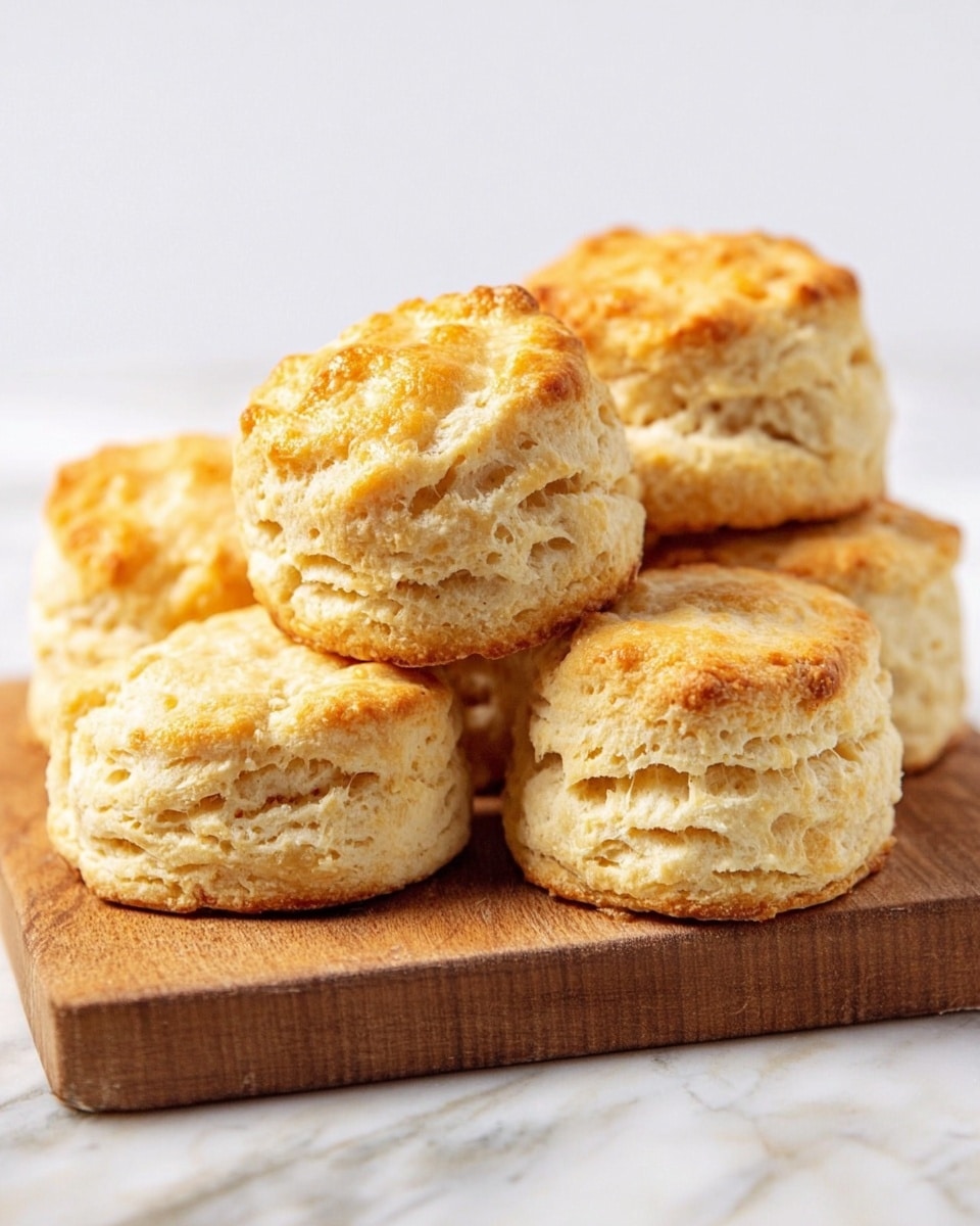 The image shows a group of six golden-brown biscuits stacked on a small wooden board, placed on a white marbled surface. Each biscuit has a soft, flaky texture with a slightly uneven, rustic shape, and the tops are lightly browned with a crumbly appearance. The biscuits are arranged close together, with one biscuit leaning on the side in the foreground, giving a clear view of the layers and airy inside. The background is plain and bright, making the warm colors of the biscuits stand out clearly. Photo taken with an iphone --ar 4:5 --v 7