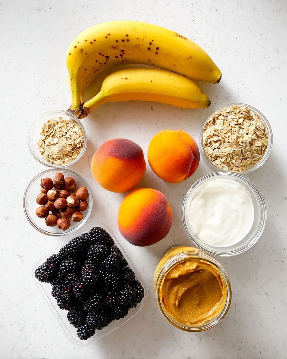 The image shows an arrangement of fresh fruits and ingredients placed on a white marbled surface. There are two bananas with yellow skin and brown spots placed diagonally near the top and right side. In the center, there are three apricots with a warm orange tone and two peaches, one with a deep reddish color and the other with a softer peach and orange mix. At the bottom left, there is a clear plastic container filled with blackberries, and above it, a small clear container holds rolled oats. On the bottom right, a small white bowl holds crunchy granola, while near the center bottom, a small clear glass bowl contains hazelnuts. Next to it, a small clear glass holds creamy white yogurt, and at the top right, an open jar contains a smooth, golden brown paste. All items are well spread out in an organized manner, showing their distinct textures and colors clearly. Photo taken with an iphone --ar 4:5 --v 7