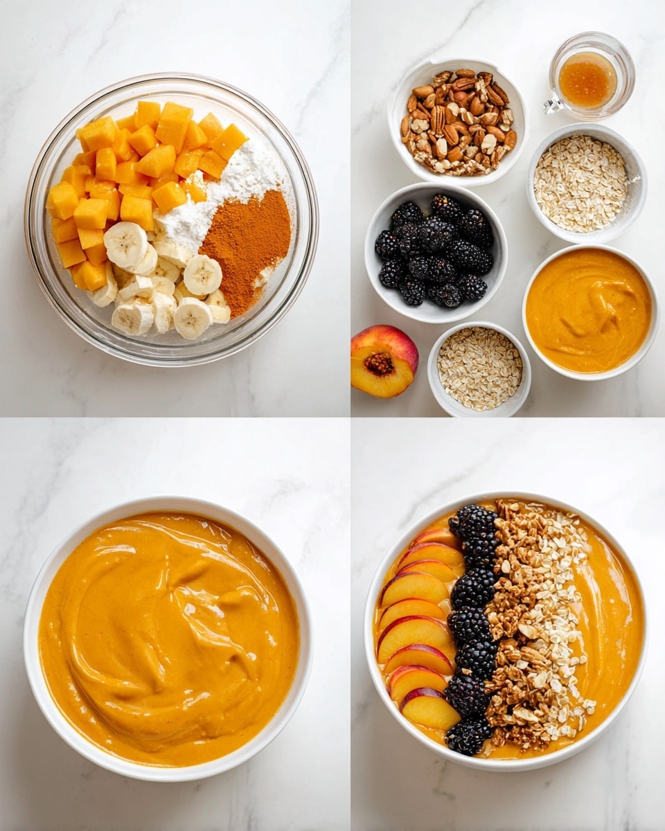 The image shows four stages of making a smoothie bowl. The first stage is a clear bowl with chopped orange fruits and banana pieces arranged inside. The second stage shows the same bowl with these fruits partly blended, topped with white yogurt, orange powder, and oats. The third stage has two white bowls filled with smooth orange-colored puree, surrounded by small bowls and containers holding blackberries, sliced peaches, nuts, and granola on a white marbled surface. The final stage shows a finished smoothie bowl with a smooth orange base, decorated with neat rows of peach slices on the right, blackberries on the left, and crushed nuts and granola forming a line in the middle. The setting is bright with a white marbled surface. photo taken with an iphone --ar 4:5 --v 7