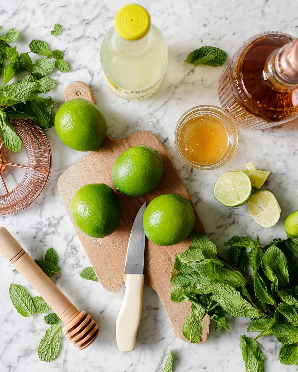 The image shows a top view of fresh ingredients laid out on a white marbled surface. There are four whole green limes and two lime halves placed on a small wooden cutting board along with a knife that has a light beige handle. Around the board, there are scattered fresh mint leaves with a wooden muddler nearby. A small clear glass cup with honey or syrup, a glass jug filled with a pale yellow liquid, a bottle of clear soda with a yellow cap, and a rose gold cocktail strainer are also visible. The overall scene is bright and fresh, highlighting the vibrant green of the limes and mint against the white marbled background. Photo taken with an iphone --ar 4:5 --v 7