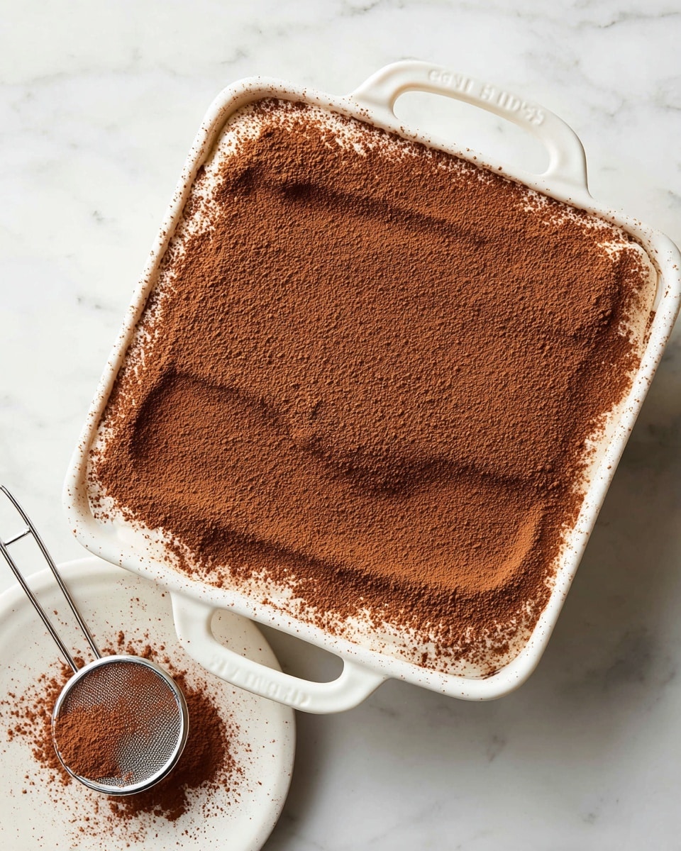 A square white ceramic dish with two handles around the edges holds a layered dessert topped with a thick, even coat of fine dark brown cocoa powder. The cocoa powder layer is smooth with slight texture across the surface and some cocoa powder scattered on the edges and on the white marbled table underneath. To the right of the dish, on the same white marbled surface, sits a small white plate holding a metal sieve filled with cocoa powder, with some powder spilled on the plate and table. The scene is lit softly from above, showing texture details clearly. photo taken with an iphone --ar 4:5 --v 7