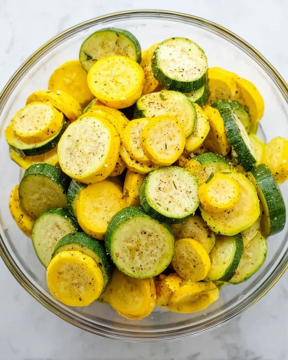 The image shows a clear glass bowl filled with sliced yellow and green squash mixed together. The squash slices are round and vary in size, with the yellow slices having a soft, smooth texture and the green slices showing their inner seeds clearly. Each slice appears lightly seasoned with black pepper and small bits of salt or herbs scattered evenly on the surface. The bowl sits on a white marbled background, and the colors of the squash create a fresh and bright look. photo taken with an iphone --ar 4:5 --v 7