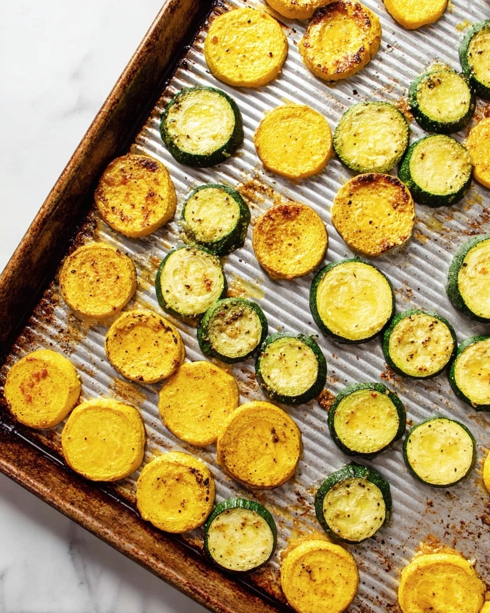 A baking tray filled with round slices of roasted yellow and green zucchini spread out evenly. The yellow zucchini slices have a soft yellow color with some browned spots from roasting, and the green zucchini slices have a green edge with yellow centers, also showing darker roasted marks. The tray surface is ridged and has some browned bits from cooking. The image is bright, showing the texture of each slice clearly on a white marbled background. photo taken with an iphone --ar 4:5 --v 7