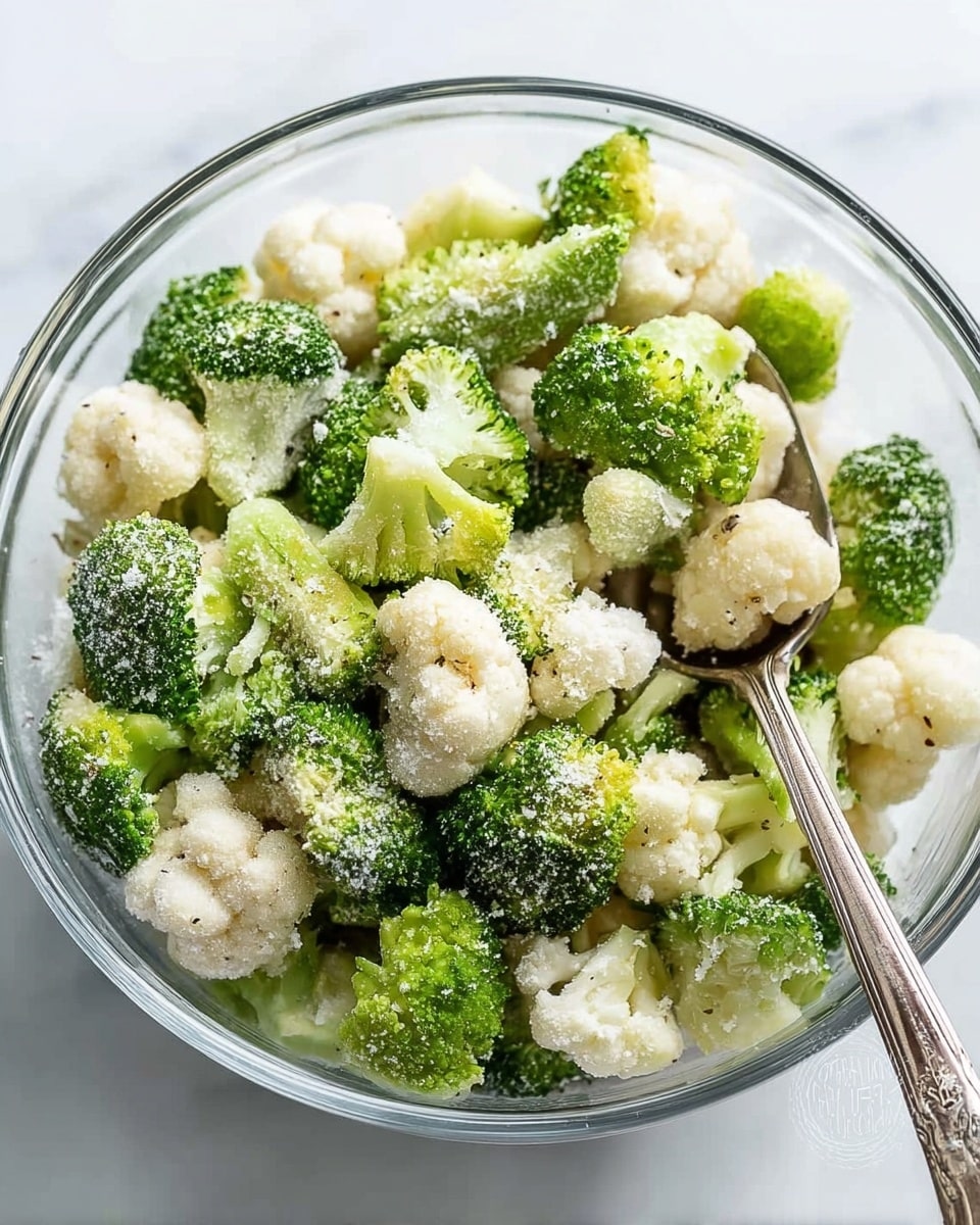 A clear glass bowl filled with small green broccoli florets and white cauliflower pieces, both lightly dusted with a fine layer of grated cheese or seasoning, creating a speckled texture on top. A silver spoon rests inside the bowl on the right side, slightly lifting some of the broccoli and cauliflower. The bowl is set on a white marbled surface. photo taken with an iphone --ar 4:5 --v 7
