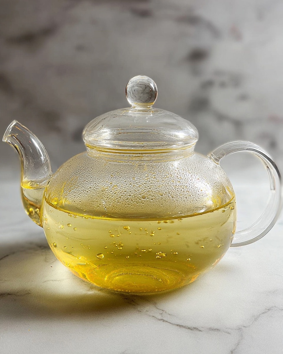 A clear glass teapot filled halfway with light yellow tea, showing tiny bubbles and condensation on the inside of the glass surface. The rounded body of the teapot sits on a smooth flat base, with a curved spout on the left and a curved handle on the right. The lid is dome-shaped with a round clear knob on top. The teapot rests on a white marbled surface with a soft, blurred white background. photo taken with an iphone --ar 4:5 --v 7