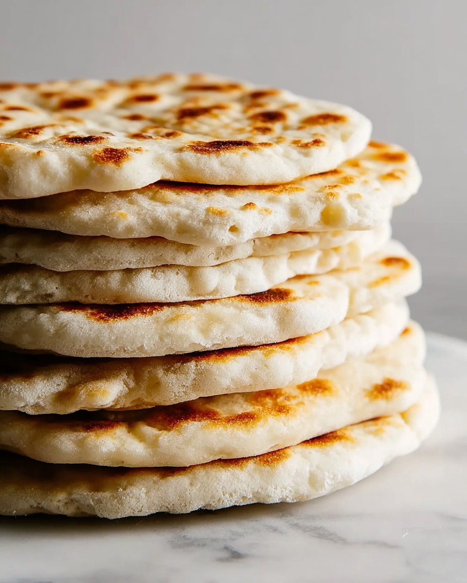 A stack of six thick flatbreads with a golden-brown slightly spotted top layer showing soft bubbles and a light, fluffy texture. Each flatbread has an uneven edge and is placed directly on a white marbled surface, creating a natural layered look with soft shadows between the layers. The background is a simple light gray, keeping focus on the stack. photo taken with an iphone --ar 4:5 --v 7