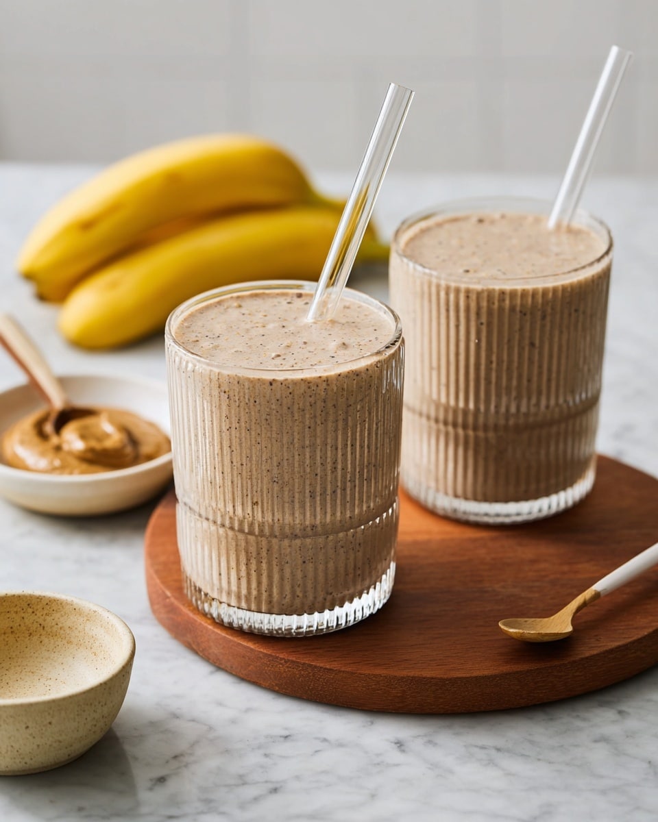 The image shows two clear textured glasses filled three quarters high with a light brown smoothie that has a creamy, slightly speckled surface. Each glass holds a transparent straw angled outward. The glasses sit on a round wooden board placed on a white marbled surface. In the background, there are two whole ripe yellow bananas and a small round beige bowl that contains a brown creamy substance with a spoon inside. A smaller empty beige bowl is in the foreground, close to the bottom left corner. The photo taken with an iphone --ar 4:5 --v 7