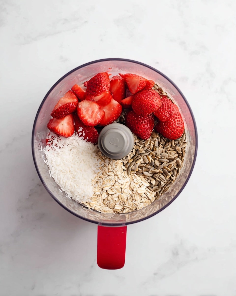 A clear food processor bowl with a red handle shows four separate layers of ingredients inside. At the top left, there are fresh red strawberry halves. Next to them on the top right is a layer of light brown sunflower seeds. Below the seeds, on the bottom right, is a layer of pale beige rolled oats. To the bottom left of the bowl, there is a small layer of white shredded coconut. The background surface is white marble. photo taken with an iphone --ar 4:5 --v 7